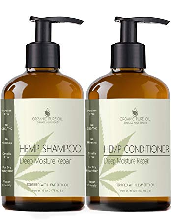 Hemp Hydrating Shampoo and Conditioner Set - For Men and Women - Color Treated Hair, All Natural - Sulfate Free - Curly or Frizzy Hair - Made with Herbal and Hemp Extract