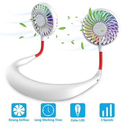 Hands Free Portable Neck Fan - Rechargeable Mini USB Personal Fan Battery Operated with 3 Level Air Flow, 7 LED Lights for Home Office Travel Indoor Outdoor (White)