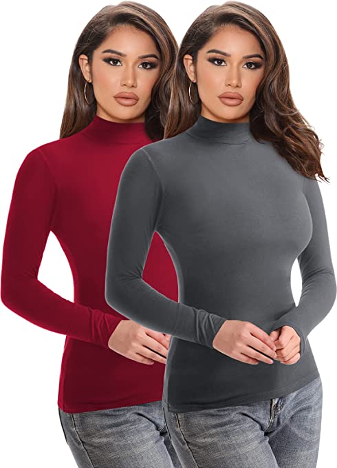 Mrignt 2 Pack Women’s Turtleneck Slim Fit Tops Long Sleeve Soft Polyester Fleece Lined Base Layer Shirts