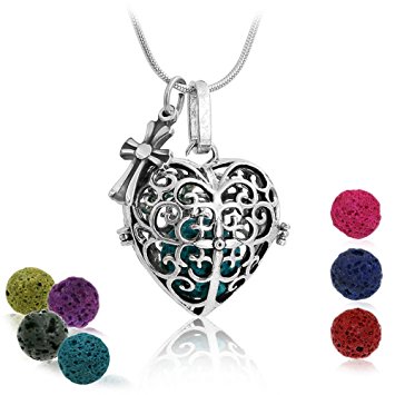 Premium Heart Aromatherapy Essential Oil Diffuser Necklace Locket Pendant and 7 Colours Lava Stone Beads with Adjustable 24" Chain Perfect Gift Set