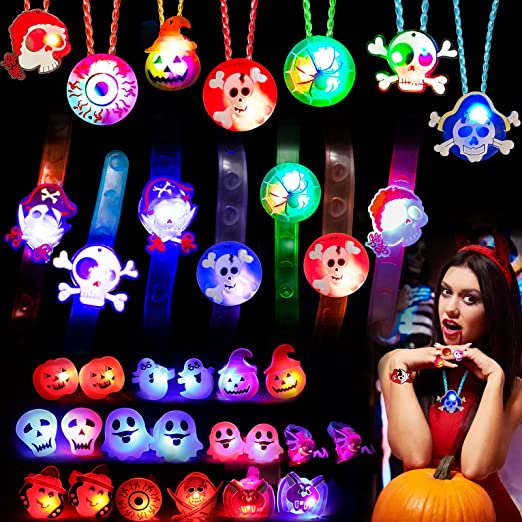 Kidcia Halloween LED Rings & Party favors, 34 PCS Halloween Glow Rings Necklaces & Bracelets Toys for Kids, Light Up Flash Party Supplies in Carnival Games, Great Halloween Decorations, Trick or Treat Goody Bag Fillers, Gifts, Prize & Giveaways