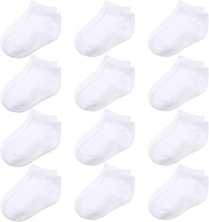 Cooraby 12 Pairs Kids' Non Slip Half Cushion Low Cut Socks Non-Skid Classic Ankle Socks