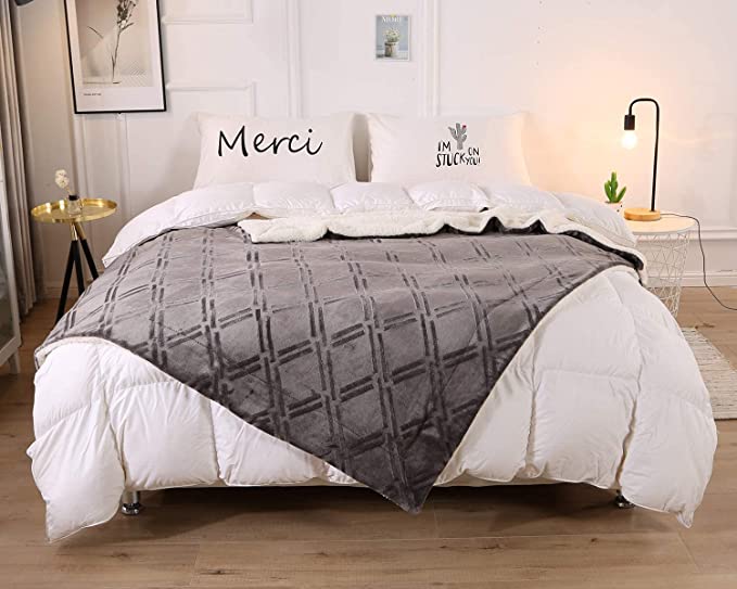 HT&PJ Sherpa Fleece Throw Blanket Reversible Super Soft Plush Microfiber Flannel Blanket with Diamond Pattern Cozy Bed Couch Blanket Throw Size Dark Grey 50"X60"