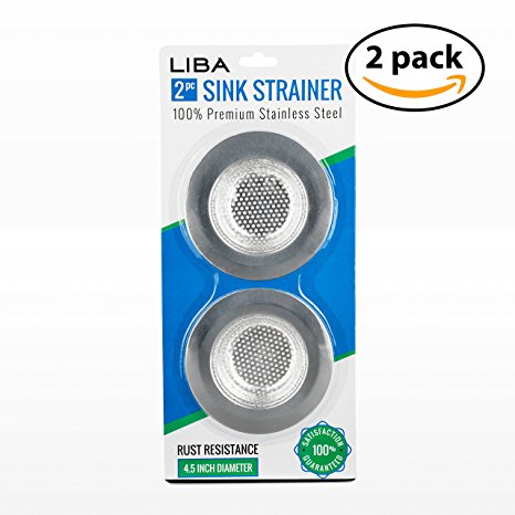 LiBa Stainless Steel Kitchen Sink Strainer (Pack of 2) - 4.5” Diameter, Wide Rim Perfect for Most Sinks, Anti-Clogging Micro-Perforation 2mm Holes, Rust Free, Dishwasher Safe