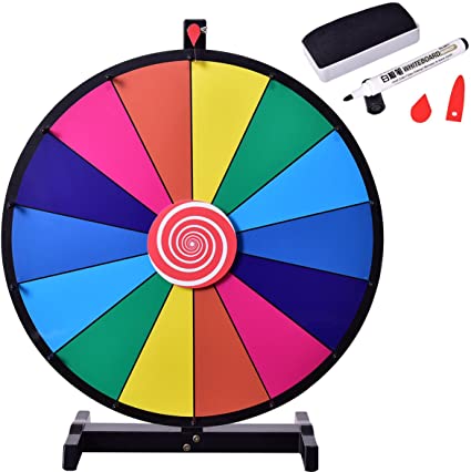 COSTWAY 24" Color Prize Wheel, 14 Slots Fortune Roulette Spinning Game with Dry Erase, Metal Stand for Party Carnival Tradeshow (Rainbow, Tabletop Stand)