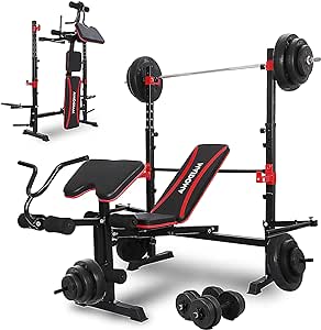 Bench Press Multifunctional Adjustable Weight Bench Set with Leg Extension/Curl and Preacher Curl,Bench Press Rack with Squat Rack Weight Lifting Benches Set,Home Gym 6 IN 1 Design，MAIDOMA Workout Bench Set 900LBS(US Stock）