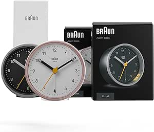 Braun His/Hers Analogue Alarm Clock New Home House Warming Gift Bundle for Men & Women with Snooze and Light, Quiet Quartz Movement, Crescendo Beep Alarm in Black, model BC12SB, BC12PW (2 Pack)