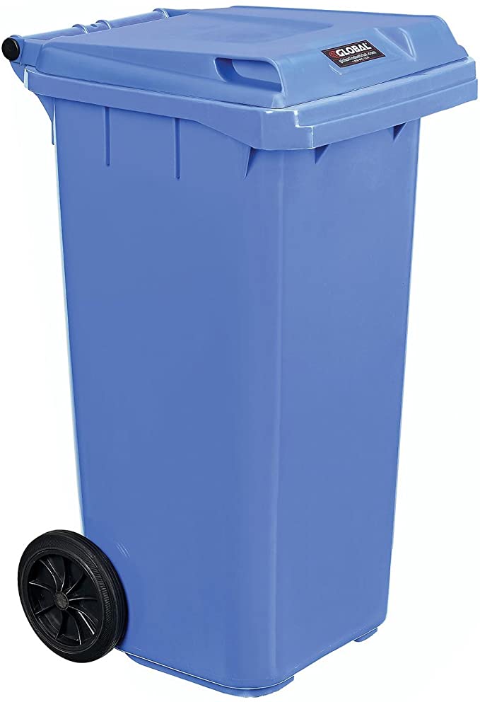 Global Industrial Mobile Trash Container with Lid, 32 Gallon, Blue