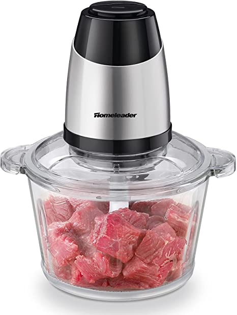 Electric Food Chopper, 8-Cup Food Processor by Homeleader, 2L Glass Bowl Grinder for Meat, Vegetables, Fruits and Nuts, Stainless Steel Motor Unit and 4 Sharp Blades, 300W