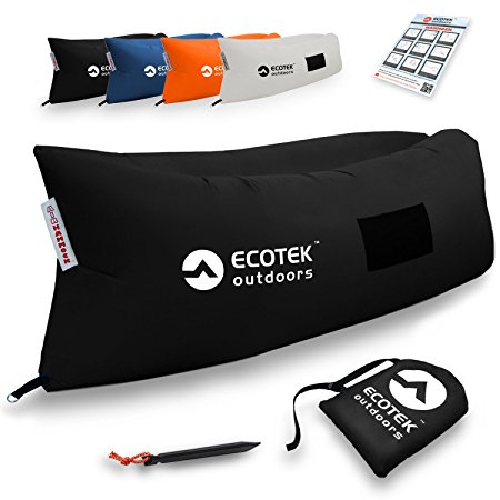 Inflatable Air Hammock Lounge with Premium Ripstop Fabric, Three Elastic Pockets, Aluminum Alloy Stake, Carry Bag, and One Year Warranty - by EcoTek Outdoors (Black)