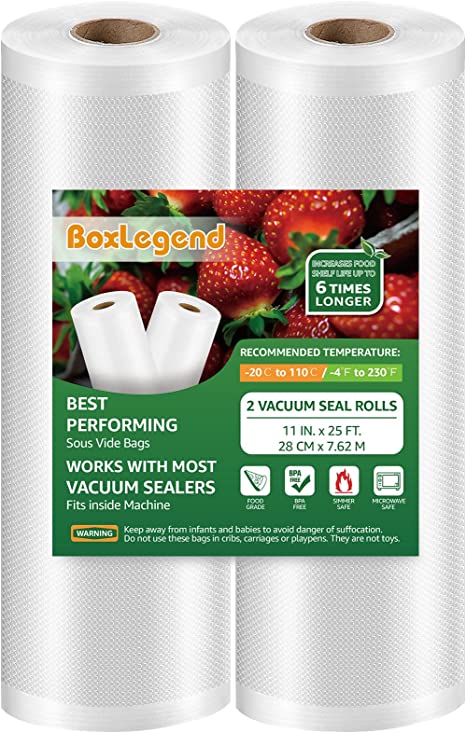 BoxLegend Vacuum Sealer Bags 2 Pack 11" x 25', Food Saver Vacuum Sealer Bags Rolls for Sous Vide, Food Storage & Seal a Meal, BPA Free, Commercial Grade Vac Sac