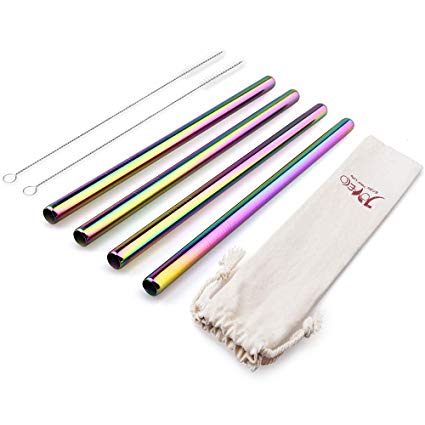 JOYECO 4 Pcs Stainless Steel Boba Straws, FDA Approved Big Straws Smoothies Reusable, Wide Straw 9.5" x 0.5" for Bubble Tea, Juice, Thick Milkshakes, Rainbow Multi-Colored
