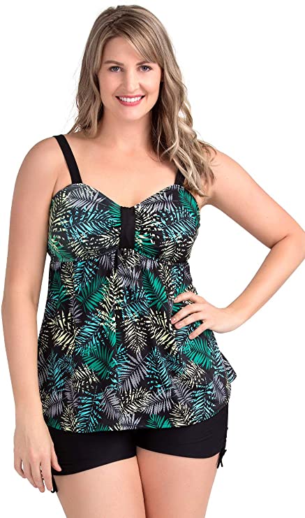 PERONA Women's Two Piece Swimwear Sexy V Neck Tummy Control Tankini Plus Size Swimsuit