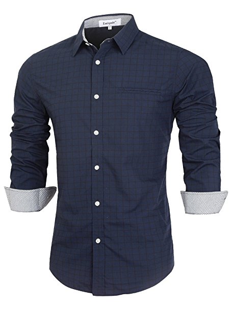 Emiqude Men's Casual Slim Fit Long Sleeve Pocket Inner Contrast Plaid Dress Shirts