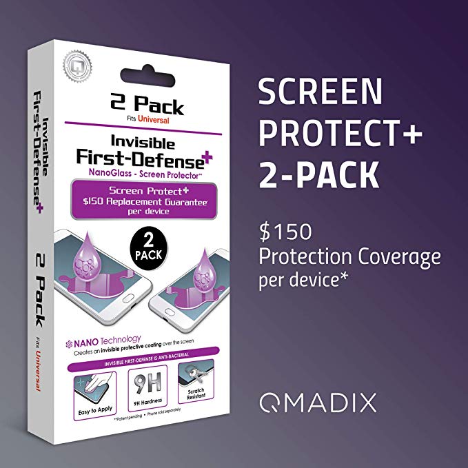 QMADIX Invisible First Defense Nano Liquid Screen Protector [Scratch Resistant] for all iPhone, iPad, Apple Watch, Samsung phones - Extreme Liquid Glass Protection - $150 Replacement Guarantee- 2 pack