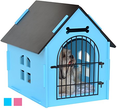 ROYAL CRAFT WOOD Dog House Crate Indoor Kennel for Small Dogs, Cats, Pet Home with Door and Bed Mat (BLUE/PINK)