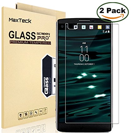 [2 Pack] LG V10 Screen Protector, MaxTeck 0.26mm 9H Tempered Glass Screen Protector for , 2.5D Rounded Ultra Clear Free Bubble [Easy-Install Wings] - Lifetime Warranty