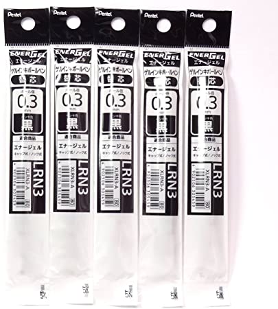 Pentel 0.3mm Black Ink Refill (XLRN3-A), for EnerGel Retract Ballpoint Pen(BLN73-A), × 5 Pack/total 5 pcs (Japan Import) [Komainu-Dou Original Package]