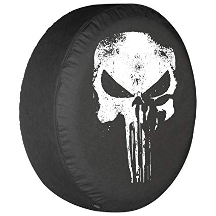 32" Distressed Punisher Skull - Spare Tire Cover - (Black Denim Vinyl) - Made in the USA