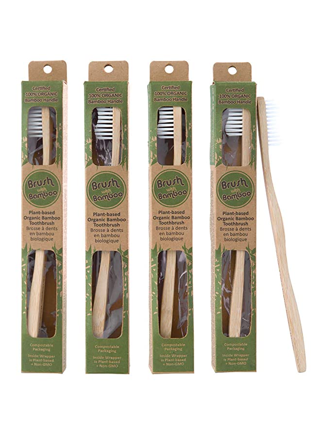 Brush with Bamboo Toothbrush with Plant-Based Bristles, Organic Bamboo, BPA-Free, Eco-Friendly, 100% Biobased, Soft Bristles, Zero Waste, Dental Care Product - 4 Pack