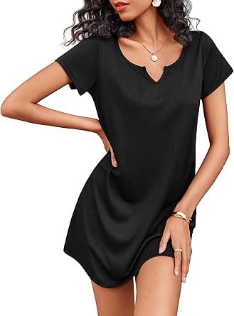 Ekouaer Women's Nightgown Ribbed Knit Nightshirt V Neck Sleepshirt Short Sleeve Sleepdress