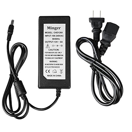 Minger Power Supply 12V 6A Power Adapter Transformer for 5050 3528 5630 Flexible RGB LED Strip Lights, Tape Lights