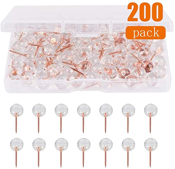 Grtard 200 Pack Push Pins 1/3 Inch Rose Gold Map Tacks Large Size Pins Rose Gold Steel Point and Transparent Plastic Round Head (Rose Gold)