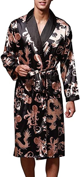 VERNASSA Mens Bath Robe Satin Sleepwear Housecoat, 45" inch Long Kimono Dressing Gown, Spa Robe Nightwear with Belt,L-XXL, Multicolor & Fashion Styles