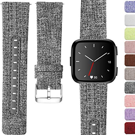 Maledan Replacement Bands for Fitbit Versa Women Men, Woven Fabric & Genuine Leather Accessories Strap Band for Fitbit Versa Smart Watch, Charcoal, Lavender, White …