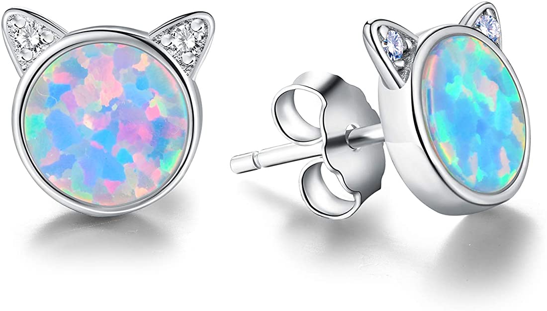 Madeone Gifts for Mothers Day 925 Sterling Silver 14K Gold Plated Animal Opal Stud Earrings Cute Cat Birthday Earrings Hypoallergenic for Women Jewelry