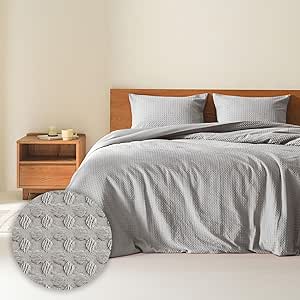 Comfort Spaces Light Grey Queen Comforter Set - 3 Pieces Breathable Waffle Dobby Weave Texture Comforter Sets, Modern Farmhouse Boho Comforter & Shams, All Season Microfiber Queen Bed Set, Full/Queen