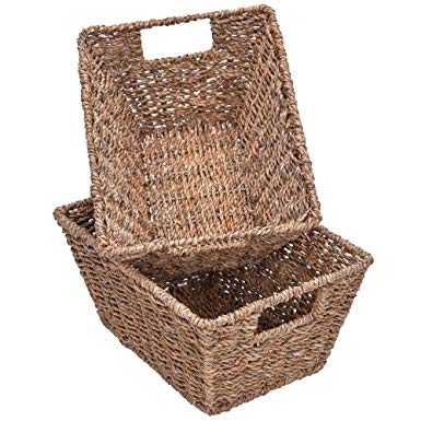 StorageWorks Seagrass Storage Baskets, Woven Wicker Baskets with Insert Handles, 12” x 9.1” x 5.7”, 2-Pack