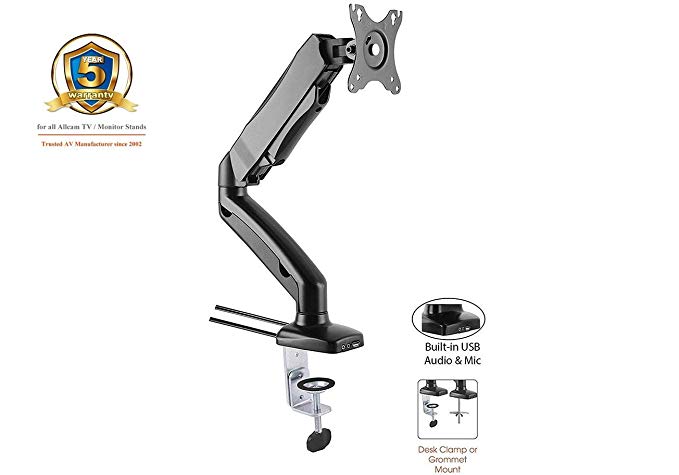 ACGU31S Gas Spring Single Monitor Arm Stand w/vesa bracket, desk mount clamp & grommet for 15"-27" LCD : Tilt 135°, swivel & rotate 360°, USB & Audio ports - in Black