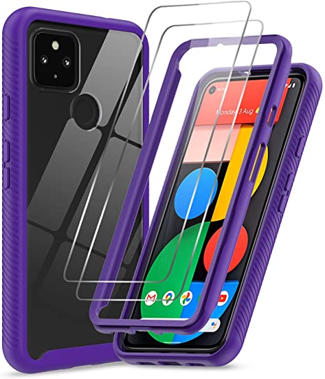 Pixel 4A 5G Case (Not Fit 4G), Google Pixel 4A 5G Case with 2 Tempered Glass Screen Protector, LeYi Full Body Protective Rugged Hybrid Bumper Shockproof Clear Phone Cover Case for Pixel 4A 5G, Purple