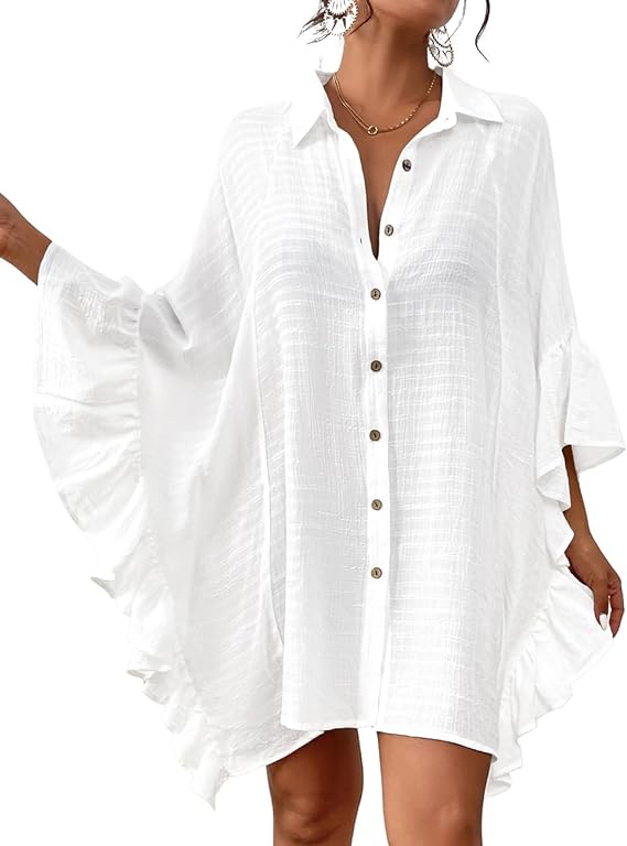 Bsubseach Women Button Down Bathing Suit Cover Up Shirt Dress Ruffled Sleeve Beach Blouse