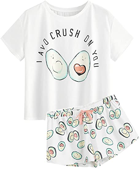 DIDK Women's Cute Cartoon Print Tee and Shorts Pajama Set