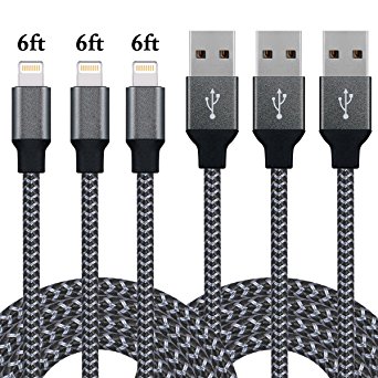 Amoner iPhone Charger, 3Pack 6FT Lightning to USB Charging Cord Nylon Braided for Apple iPhone 7/7 plus/6s/6s plus/6/5s/5c/5,iPad, iPod, iOS 10(Black)
