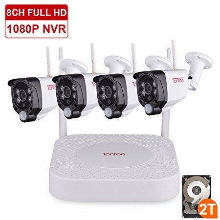 Tonton 8CH Wireless Network Video Recorder Security System, with 4pcs 2 Megapixel Waterproof Cameras, High gain 7dB WIFI Antenna Extension Cable, PIR sensor, Audio&Video, IR CUT LED Night Visions