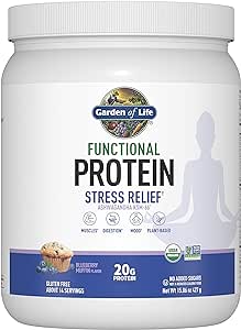 Garden of Life Functional Protein Stress Relief - 20g Organic Sprouted & Fermented Protein Blend - Blueberry Muffin, Mood Blend for Stress Management, Ashwagandha KSM-66, Vegan About 14 Servings