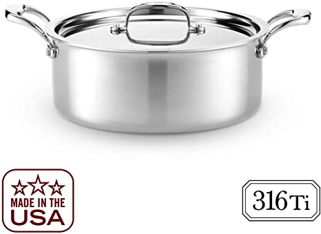 Heritage Steel 6 Quart Rondeau with Lid - Titanium Strengthened 316Ti Stainless Steel with 7-Ply Construction - Induction-Ready and Dishwasher-Safe, Made in USA