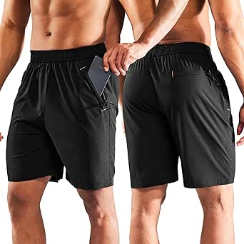 MIER Men's Quick Dry Running Shorts with Zipper Pocket, Elastic Waist Athletic Workout Exercise Fitness Shorts, 7 Inch