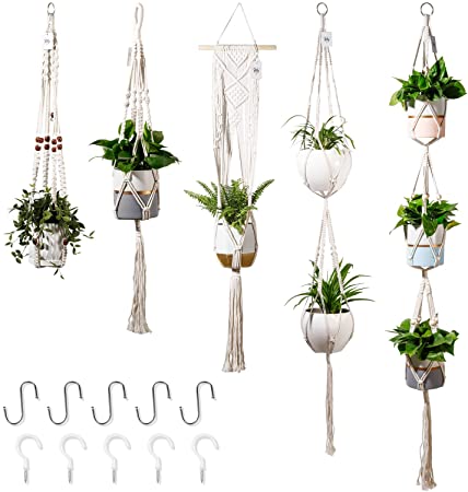 POTEY 650101 5-Pack Macrame Plant Hangers with 10 Hooks, Hanging Planters for Indoor Outdoor Plants Handmade Cotton Rope Hanging Planters Set Flower Pots Holder Stand Boho Home Decor(Pot NOT Included)