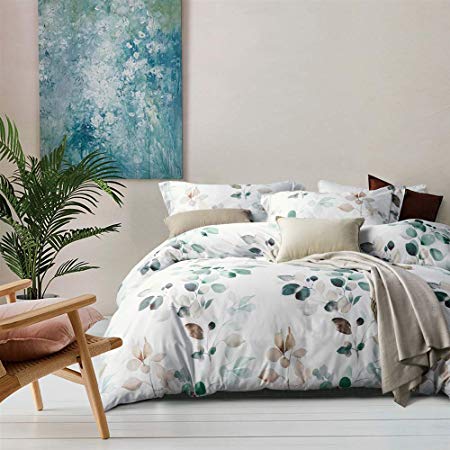 MILDLY White Floral Duvet Cover 3 Pieces Set Leaf Pattern Printed Soft Cotton Comforter Cover with 2 Pillow Shams Queen Size, Able