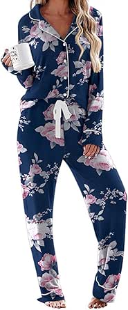 Ekouaer Women's Pajamas Long Sleeve Sleepwear Casual Button Down Loungewear Soft Pjs Set S-XXL