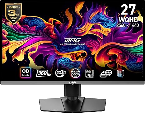 MSI MPG 271QRX QD-OLED, 27 OLED Gaming Monitor, 2560 x 1440 (QHD), OLED 0.03ms Response time, 360Hz, True Black HDR 400, HDMI, DP Port, USB Type C, Tilt, Height