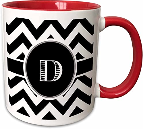 3dRose Chevron Monogram Initial D Two Tone Mug, 1 Count (Pack of 1), Black/White/Red