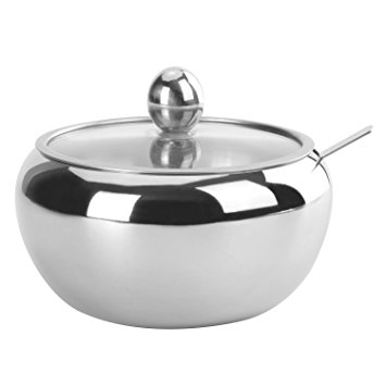 HardNok Stainless Steel Sugar Bowl with Glass Lid and Spoon, High Capacity, 17.5 Oz (520 ml)