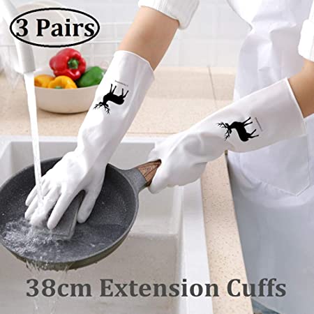 Long Rubber Gloves for Kitchen Dishwashing Gloves, Reusable Household Gloves for Cleaning Dish Gloves, Longer &Waterproof 3-Pairs (S)