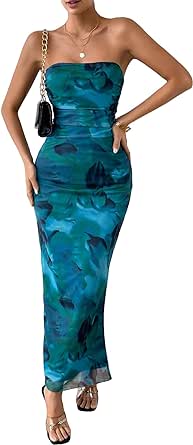 Milumia Women's Printed Strapless Tube Top Long Dress Slit Hem Sleeveless Bodycon Maxi Dresses