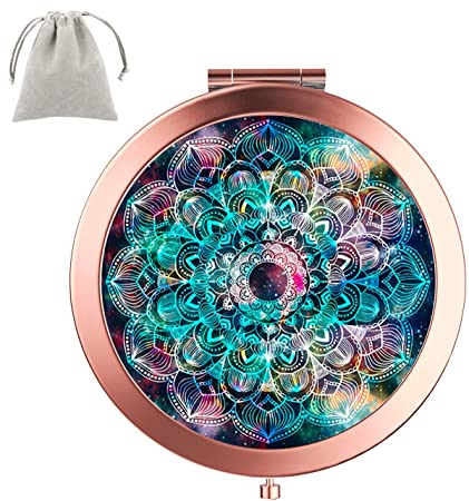 Compact Mirror Dynippy Round Rose Gold Double-sided 2 x 1x Magnification Makeup Mirror for Purses Travel Folding Mini Pocket Mirror Portable Hand for Girls Woman Mother Great Gift - Galaxy Mandala